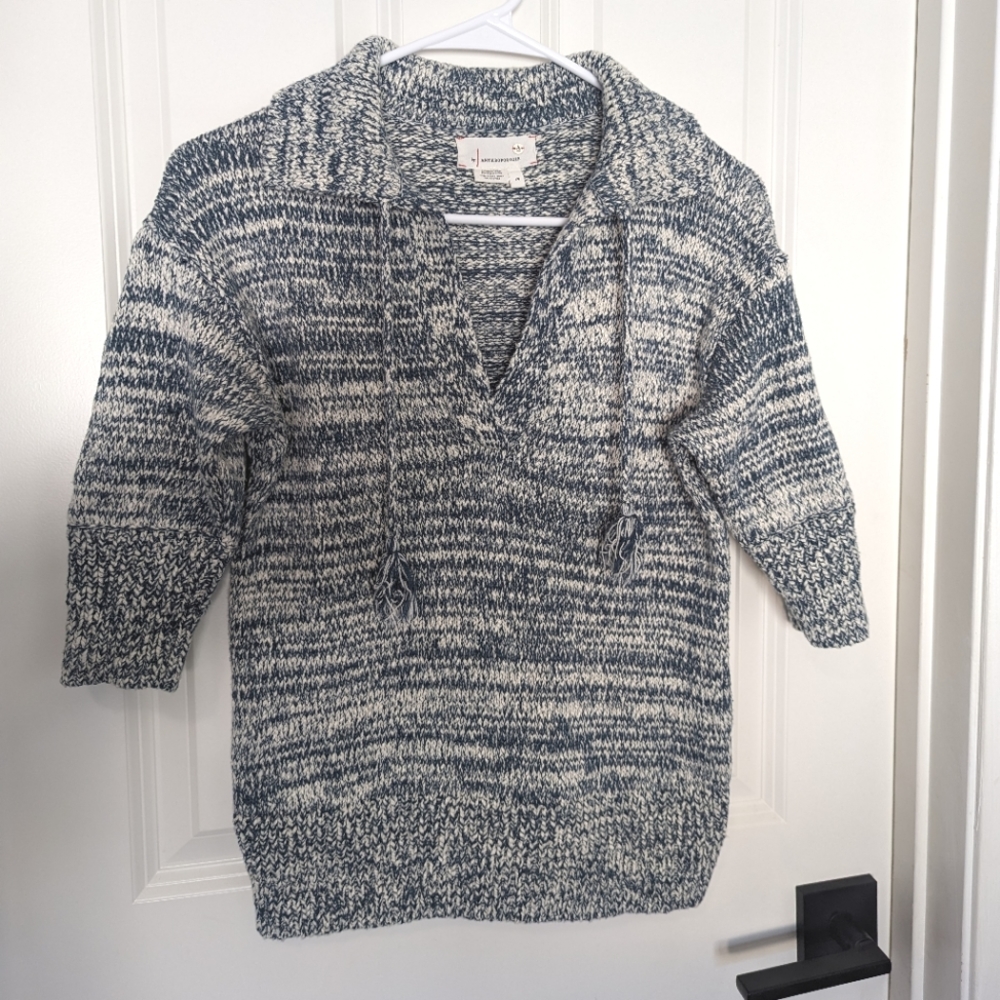 Anthropologie Green & White Sweater with Collar & Tassels Size XS
